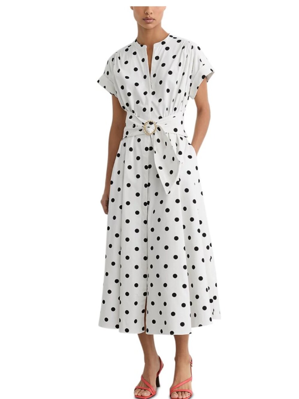 REISS Sawyer Midi Dress Size 4 - Brushed Cotton Polka Dot Shirtdress